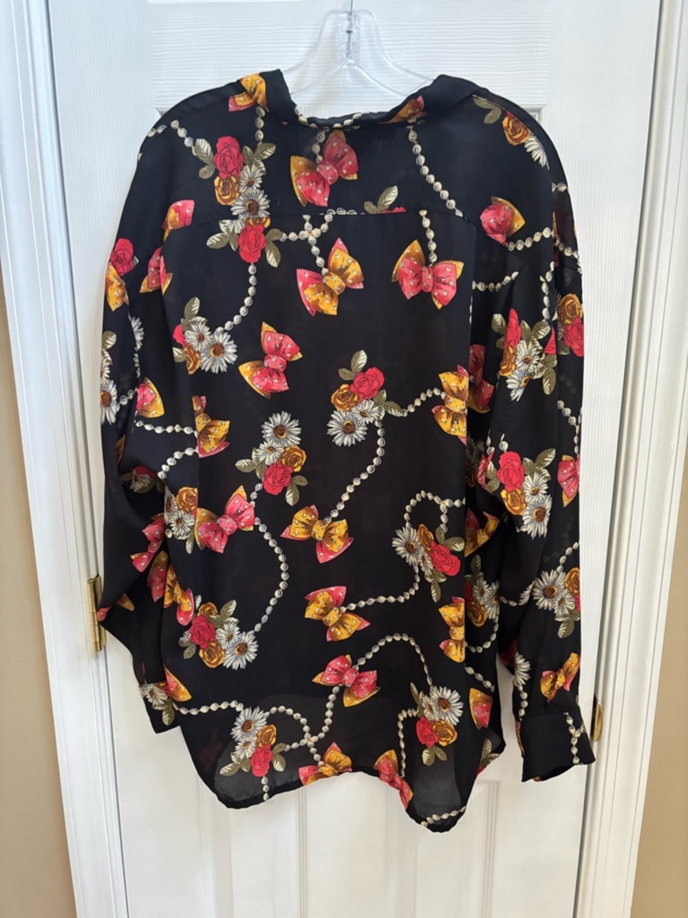 The Limited Sheer Black Bow & Pearl Baroque Print Vintage 90s Blouse, Size L,EUC - Picture 3 of 3